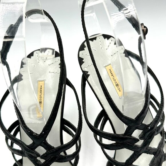 Max Studio Vtg Y2K 2000s Black Leather Artsy Strappy Stiletto Heels - Picture 3 of 9